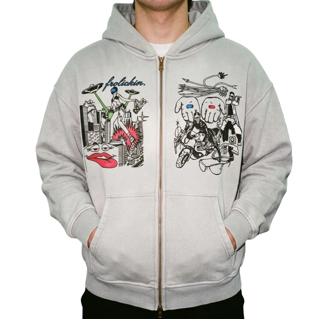 PUSHIN & PIMPIN two way zipper fleece hoodie