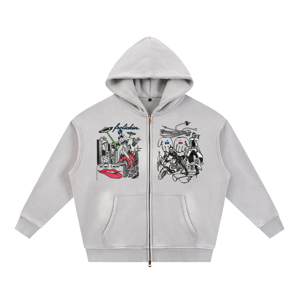 PUSHIN & PIMPIN two way zipper fleece hoodie